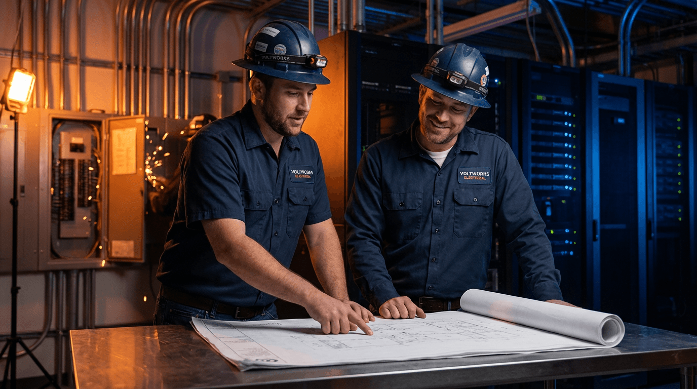 AMP Flow Electric team reviewing electrical plans